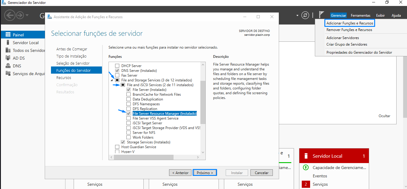 Instalando Gerenciador de Recursos do Servidor de Arquivos