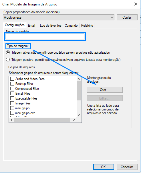Definindo nome e tipo de triagem